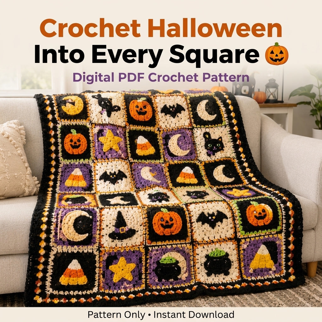 Halloween Sampler Granny Square Blanket Crochet Pattern | 8 Motif Squares in One PDF | Pumpkin, Bat, Black Cat, Candy Corn & More | Instant Download