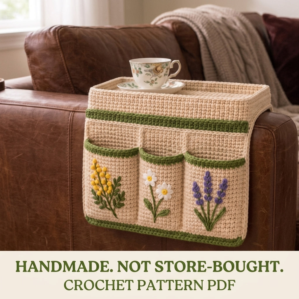 Wildflower Armrest Tray Caddy Crochet Pattern PDF – Sofa Arm Organizer