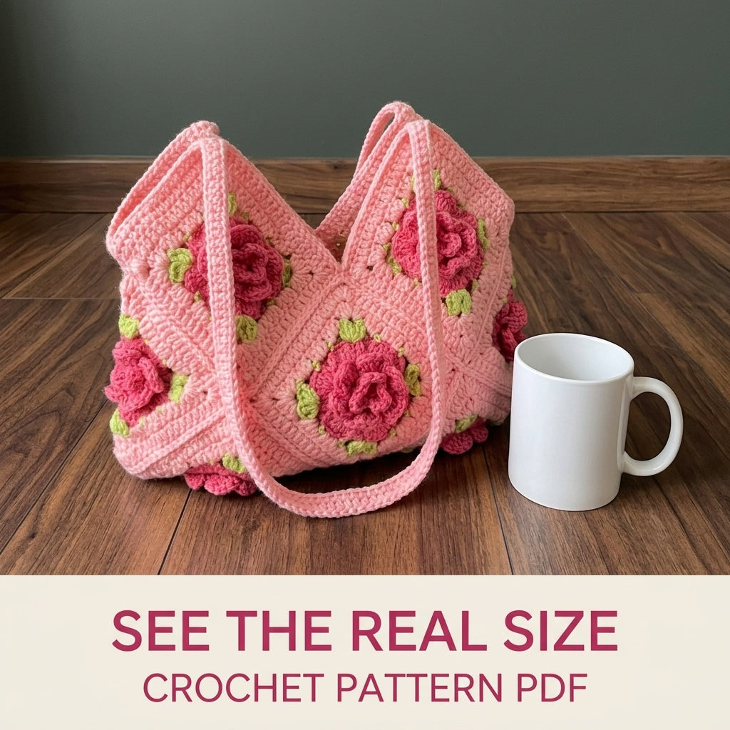 Pink Rose Granny Square Bag Crochet Pattern PDF – 3D Rose Shoulder Bag