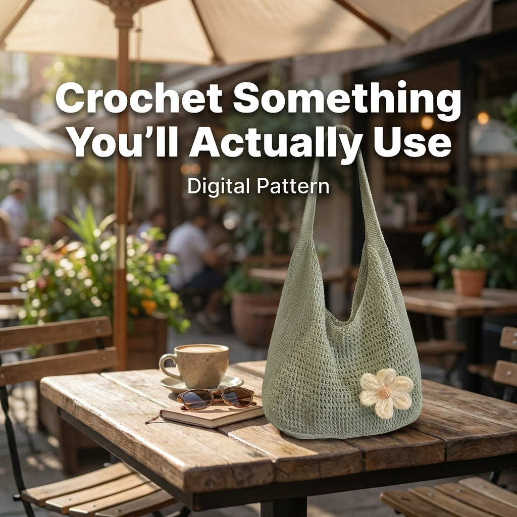 Mesh Crochet Tote Bag Pattern | Slouchy Shoulder Bag with Flower Appliqué | Beginner Crochet Bag | PDF Instant Download
