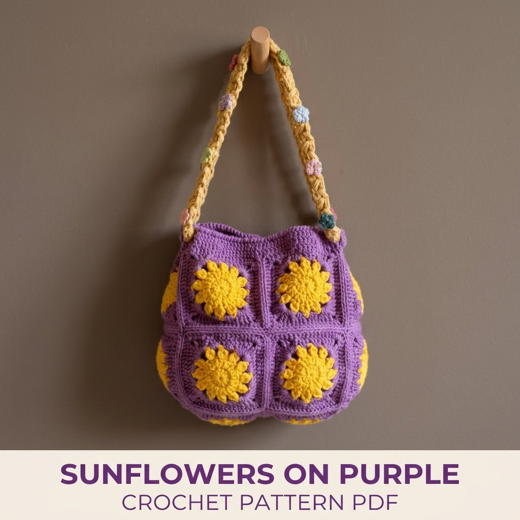 Sunflower Square Shoulder Bag Crochet Pattern PDF – Granny Square Purse with Braided Strap