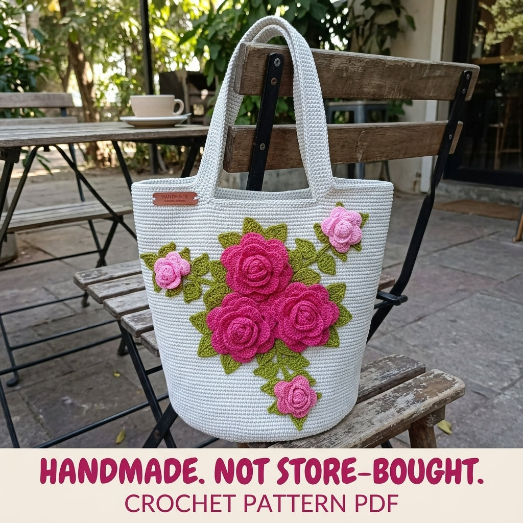 Rose Bouquet Bucket Tote Crochet Pattern PDF – 3D Rose Bag