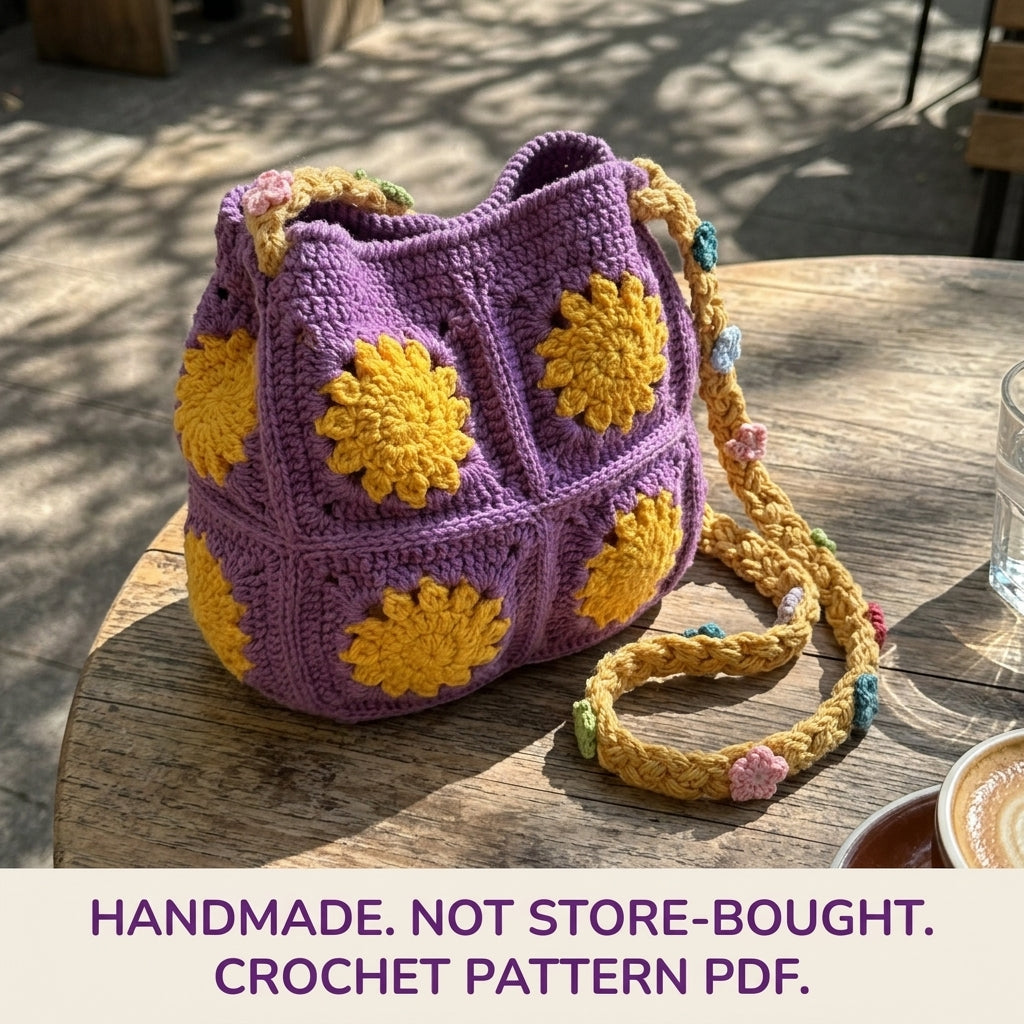 Sunflower Square Shoulder Bag Crochet Pattern PDF – Granny Square Purse with Braided Strap