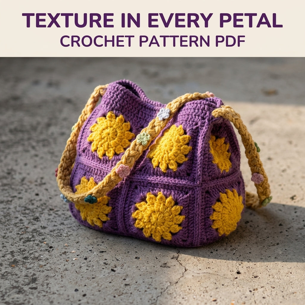 Sunflower Square Shoulder Bag Crochet Pattern PDF – Granny Square Purse with Braided Strap