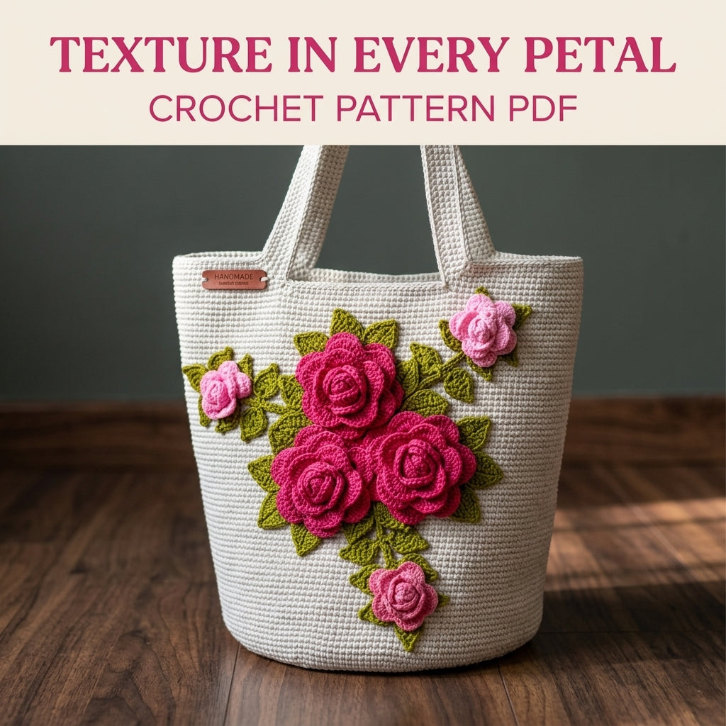 Rose Bouquet Bucket Tote Crochet Pattern PDF – 3D Rose Bag