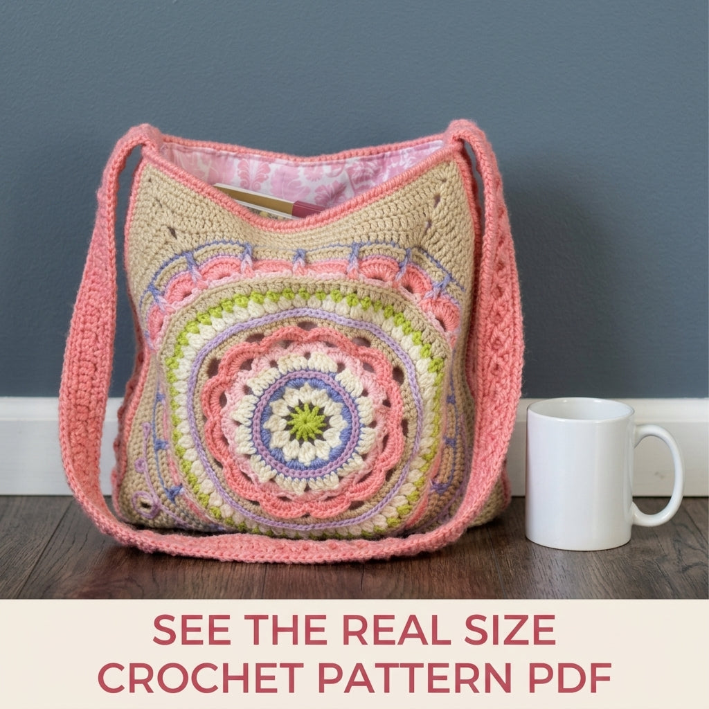 Mandala Lined Shoulder Bag Crochet Pattern PDF – Pastel Mandala Purse with Lining