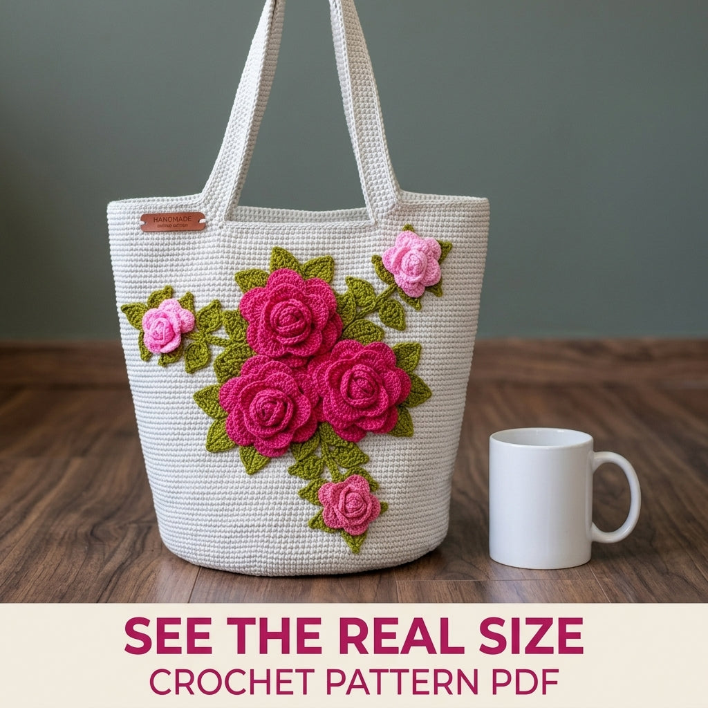 Rose Bouquet Bucket Tote Crochet Pattern PDF – 3D Rose Bag