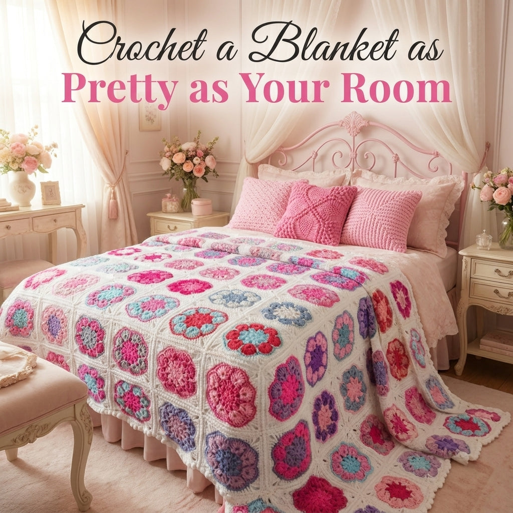 Flower Granny Square Bedspread Crochet Pattern — White-Framed Vintage Afghan with Popcorn Petals, US Terms, PDF Download