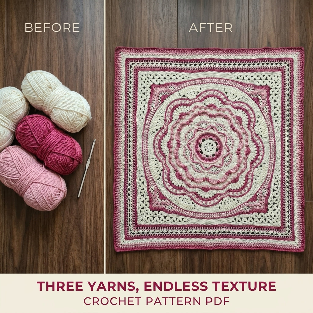 Raspberry Cream Mandala Blanket Crochet Pattern PDF – Textured Two-Tone Mandala Throw