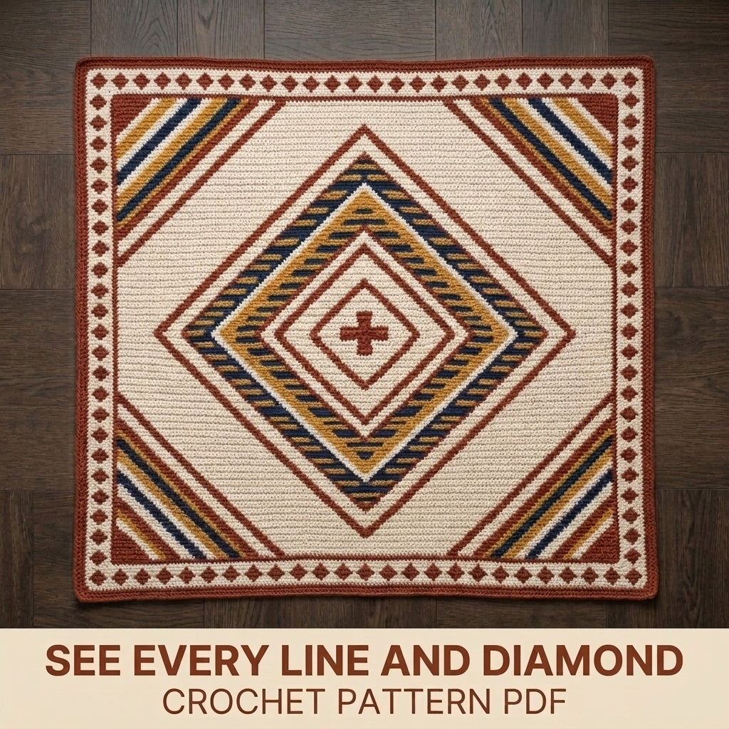 Diamond Tapestry Crochet Blanket Pattern PDF – Geometric Throw in Rust, Mustard and Navy