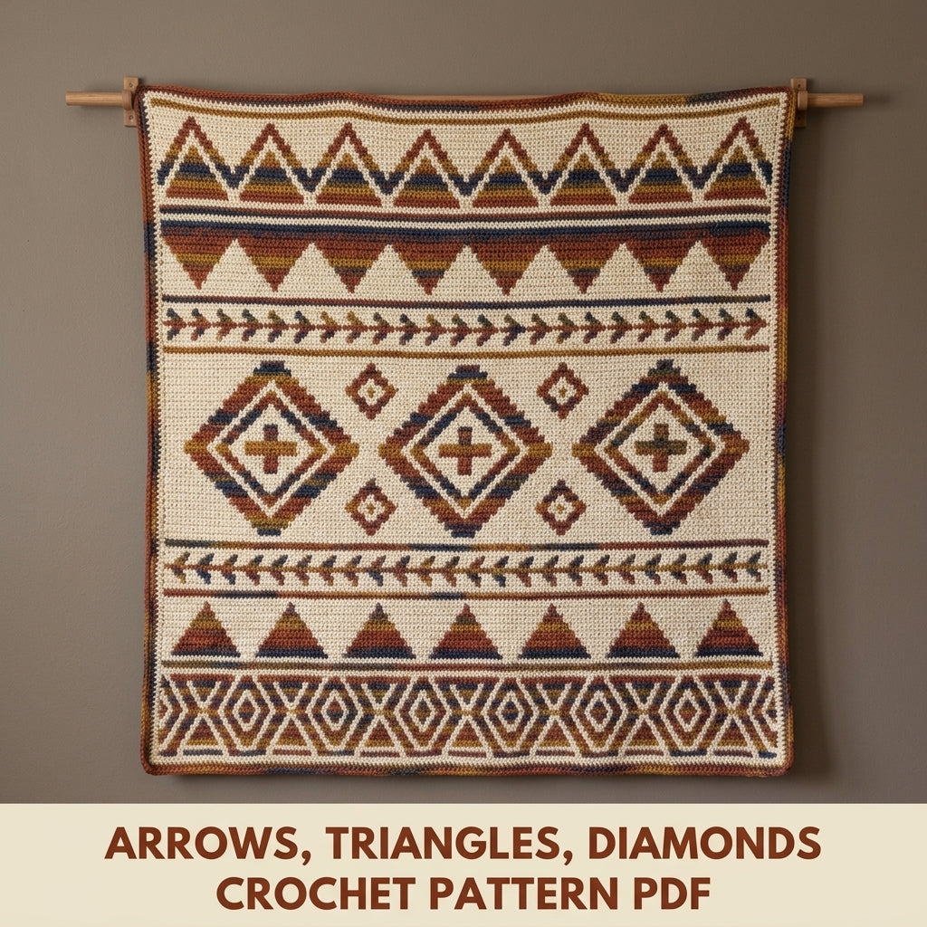 Southwest Arrow Mosaic Crochet Blanket Pattern PDF – Geometric Throw in Rust, Mustard and Navy