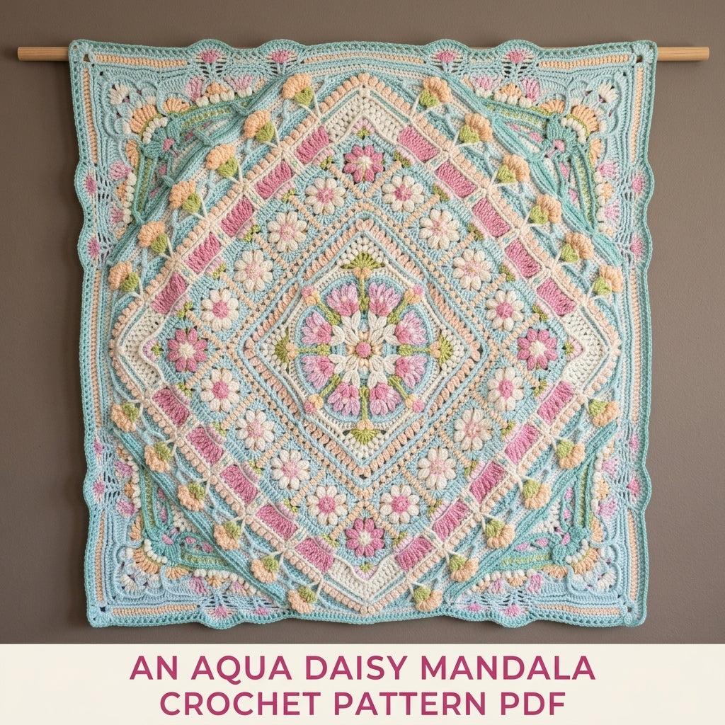 Aqua Peach Daisy Mandala Blanket Crochet Pattern PDF – Textured Daisy Square Throw