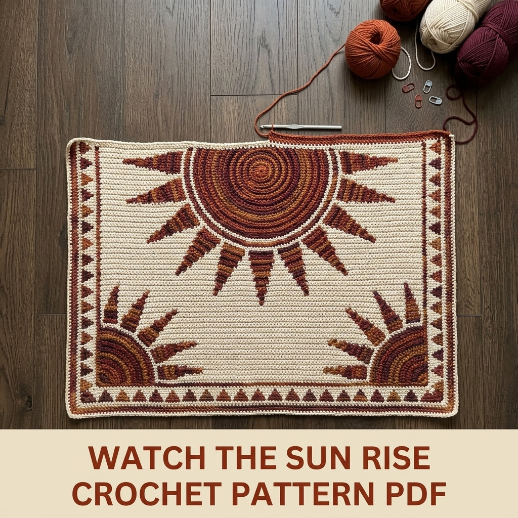 Sunburst Mosaic Crochet Blanket Pattern PDF – Sun Throw in Rust, Mustard and Plum with Triangle Border