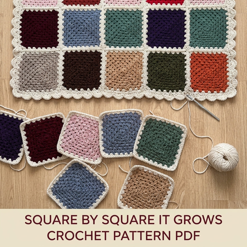 Cream Frame Granny Square Blanket Crochet Pattern PDF – Solid Square Throw with Scalloped Border