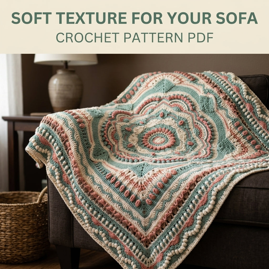 Sage Bloom Textured Crochet Blanket Pattern PDF – Sage, Cream and Coral Bobble Mandala Throw