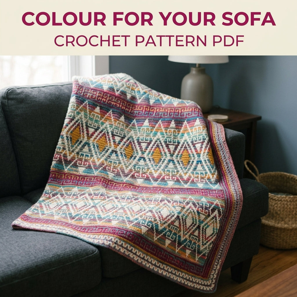 Variegated Mosaic Crochet Blanket Pattern PDF – Rainbow Band Throw with Greek Key
