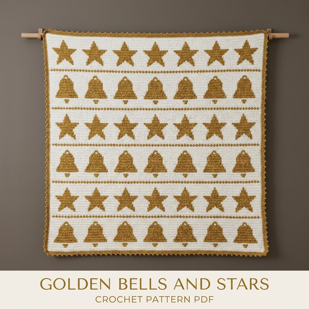 Bells and Stars Crochet Blanket Pattern PDF – Christmas Tapestry Crochet Throw in Gold and White