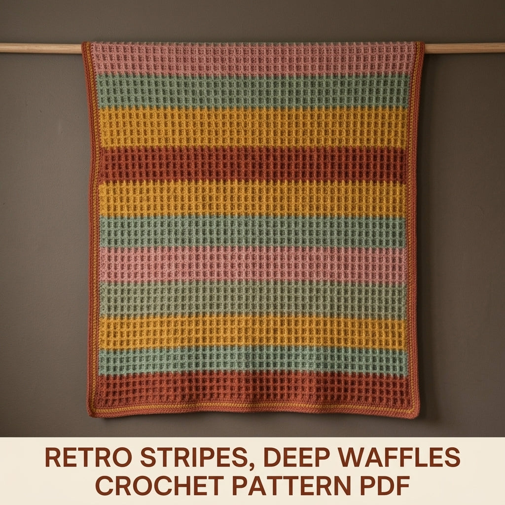 Waffle Stitch Crochet Blanket Pattern PDF – Easy Textured Striped Throw in Rust, Sage and Mustard
