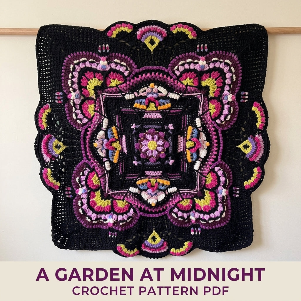 Midnight Bloom Crochet Blanket Pattern PDF – Textured Mandala Throw on Black