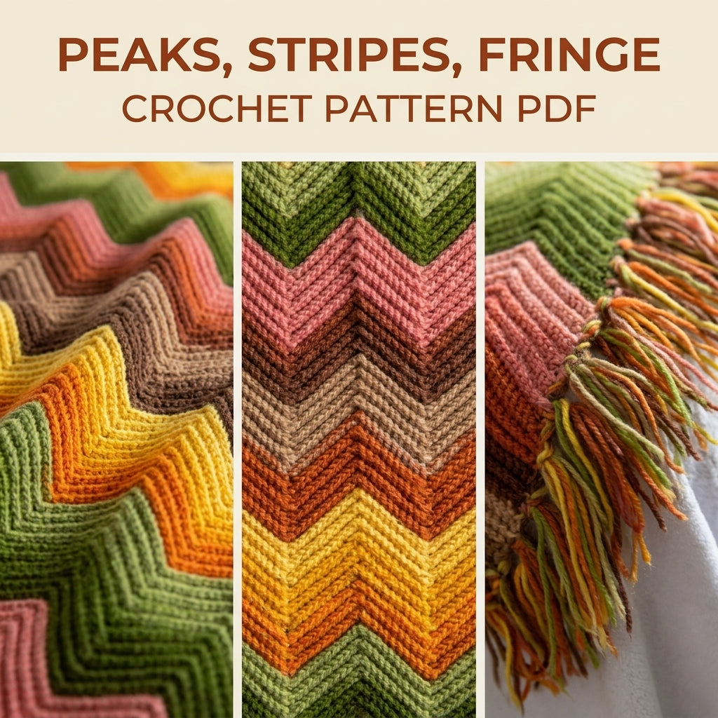 Retro Ripple Crochet Blanket Pattern PDF – Seventies Chevron Stripe Throw with Fringe