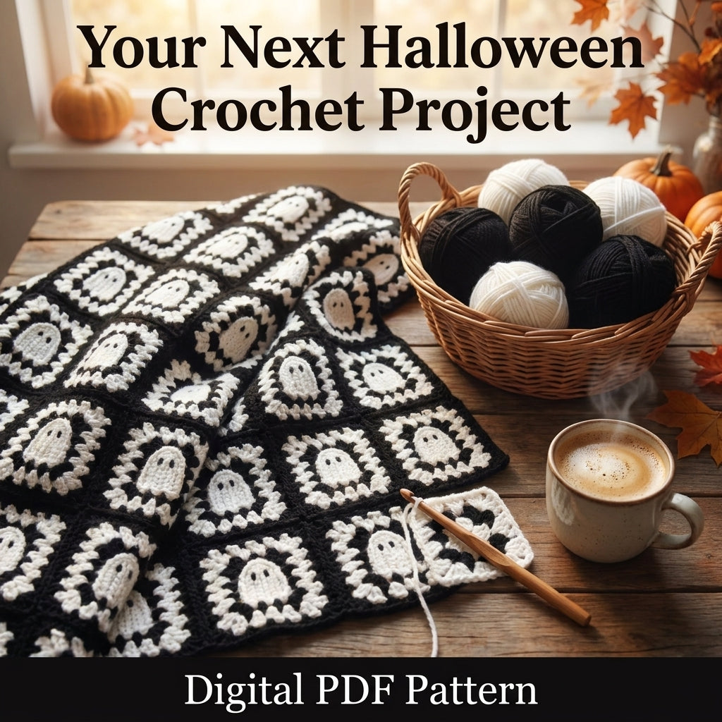 Ghost Granny Square Blanket Crochet Pattern | Black & White Halloween Throw | Beginner Granny Square Project | PDF Instant Download