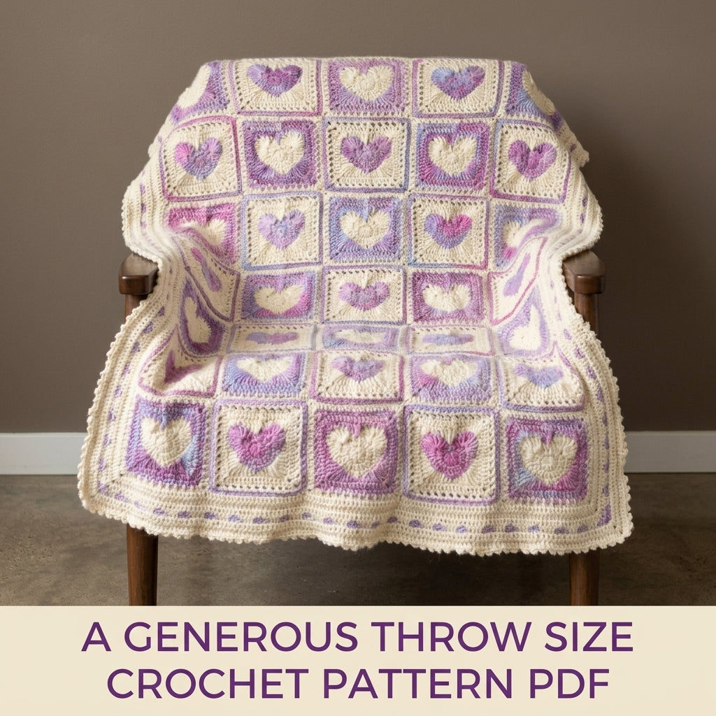 Heart Granny Square Blanket Crochet Pattern PDF – Raised Heart Squares Throw