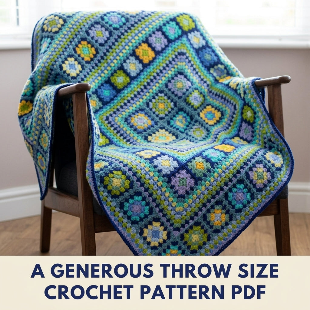 Ocean Granny Medallion Blanket Crochet Pattern PDF – Granny Square Throw in Blue and Green