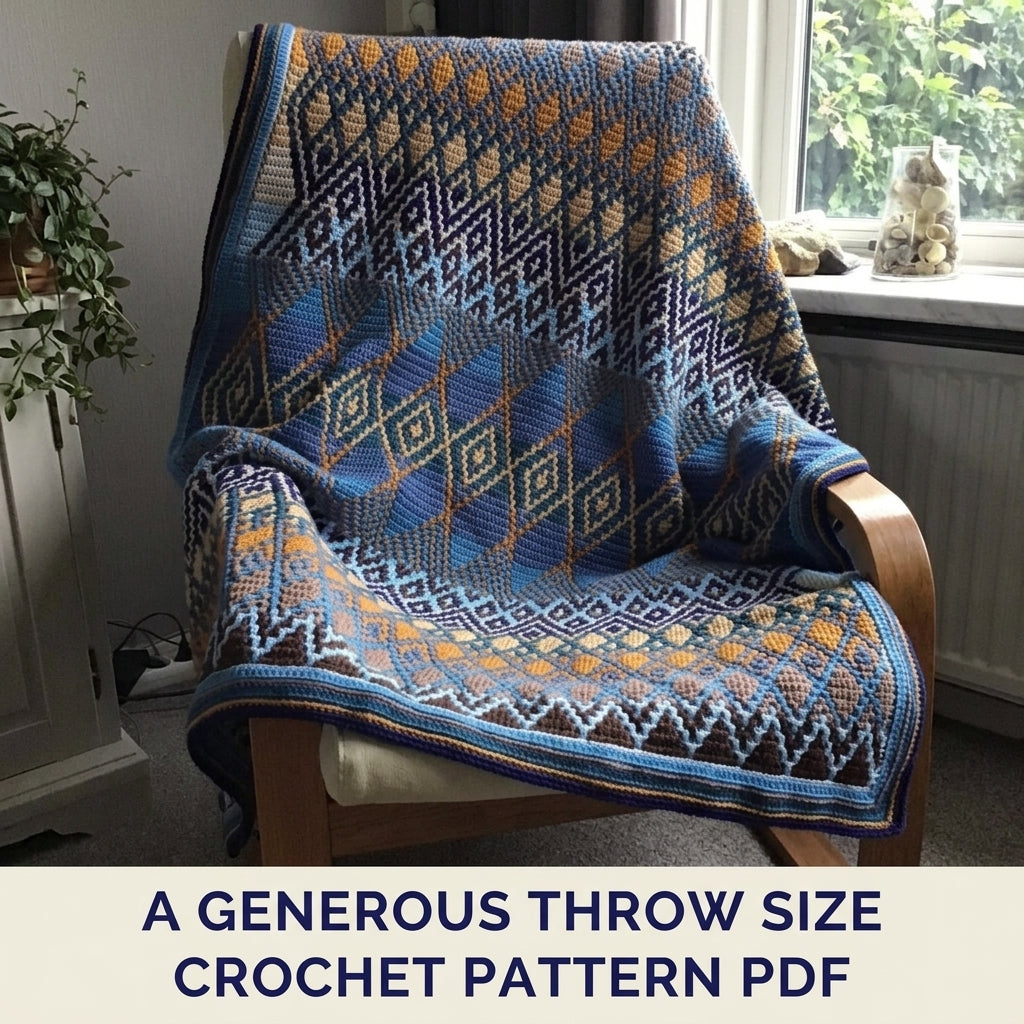 Blue Diamond Mosaic Crochet Blanket Pattern PDF – Geometric Throw in Blue and Mustard
