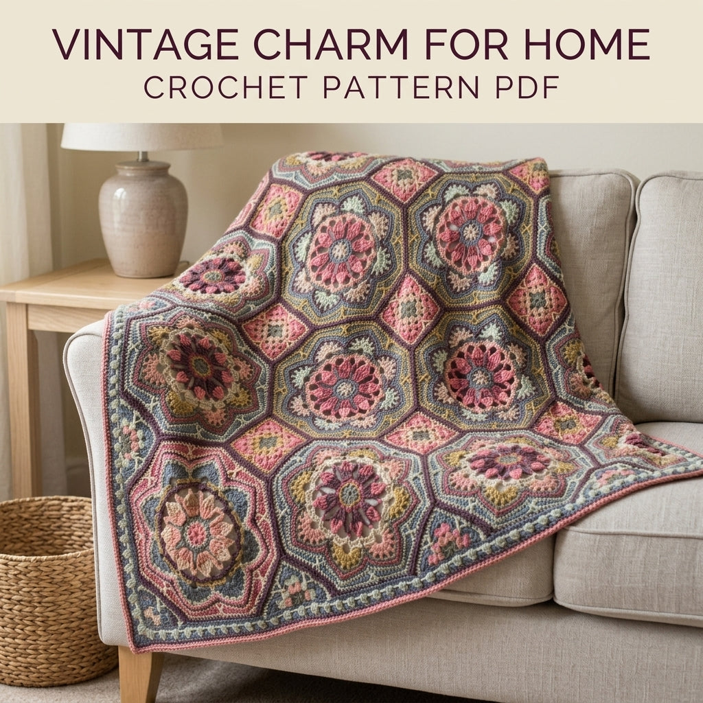 Tiled Flower Medallion Crochet Blanket Pattern PDF – Octagon Motif Throw in Vintage Pinks
