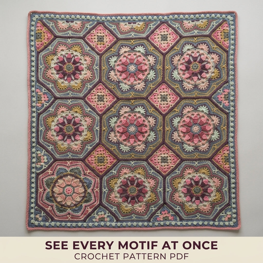 Tiled Flower Medallion Crochet Blanket Pattern PDF – Octagon Motif Throw in Vintage Pinks