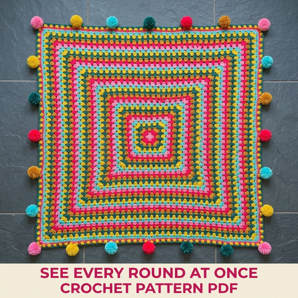 Pompom Giant Granny Square Blanket Crochet Pattern PDF – Bright Granny Throw with Pompoms