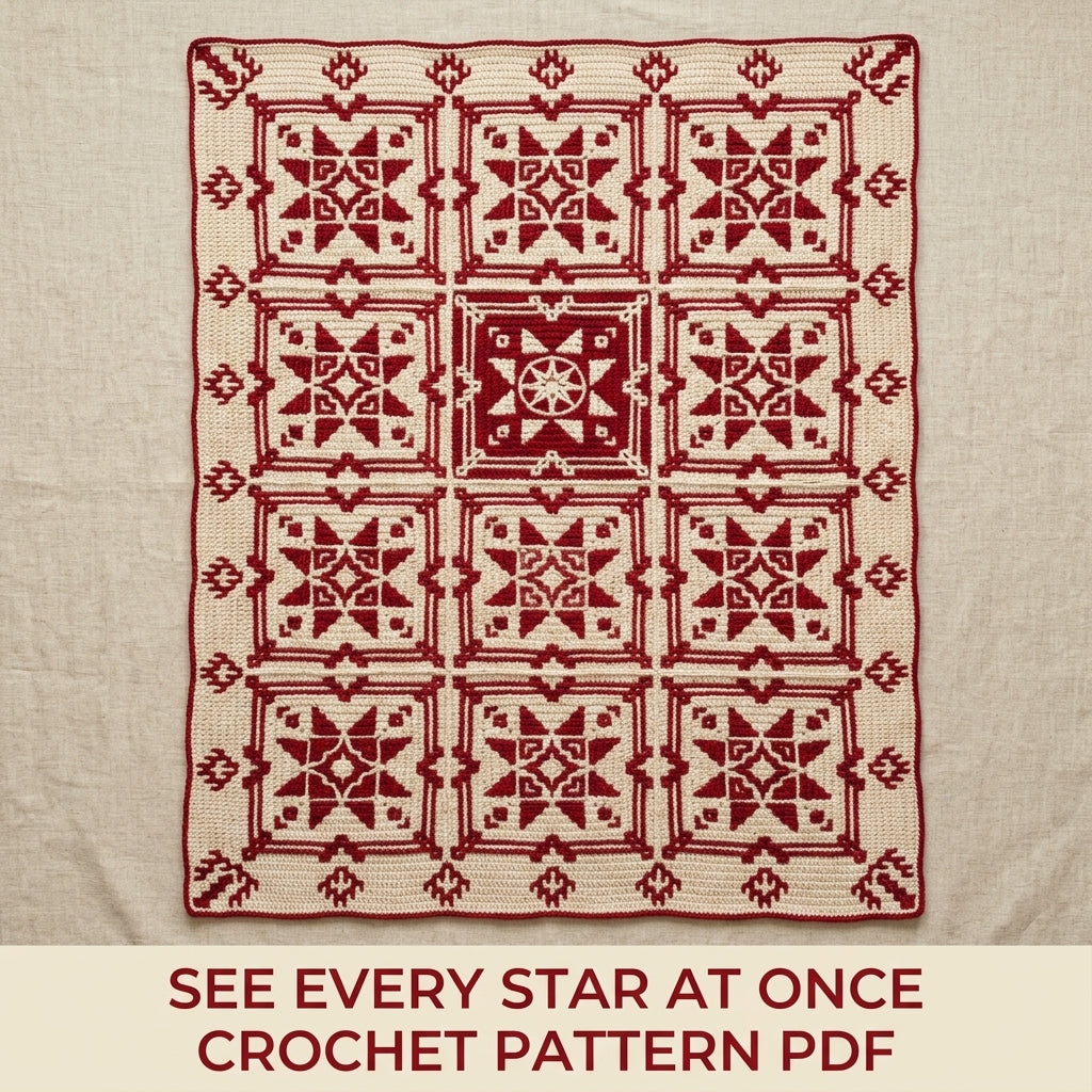 Red Star Mosaic Square Blanket Crochet Pattern PDF – Two-Colour Star Throw