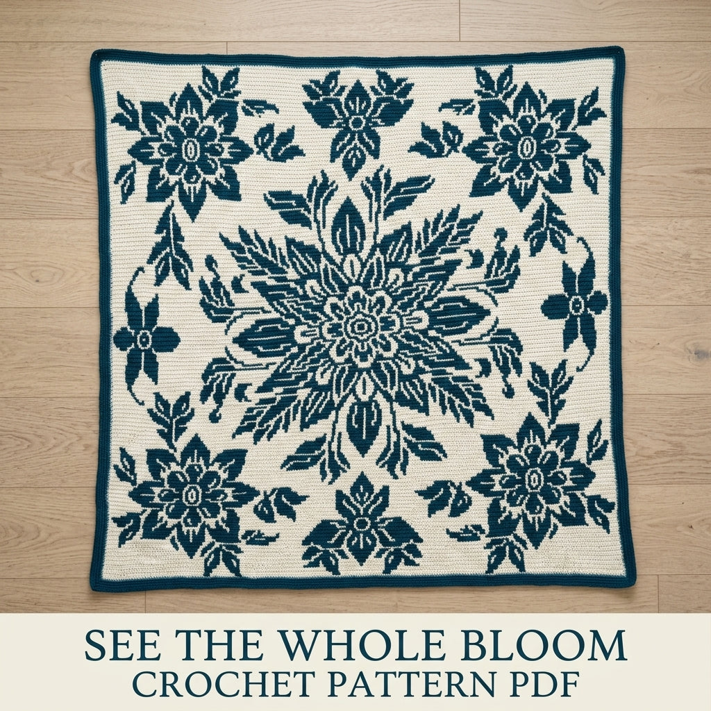 Teal Bloom Mosaic Crochet Blanket Pattern PDF – Two-Colour Floral Medallion Throw