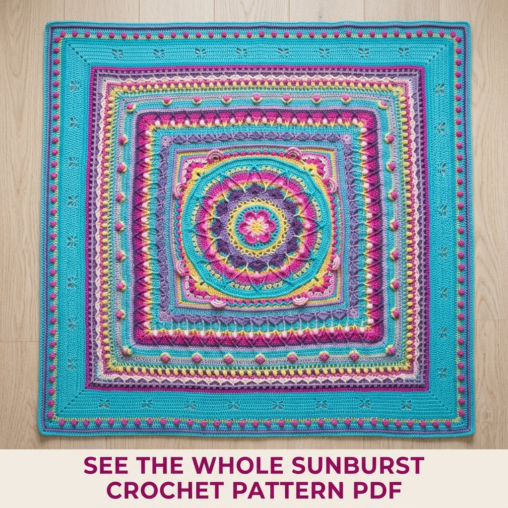 Turquoise Sunburst Mandala Blanket Crochet Pattern PDF – Bright Textured Square Throw