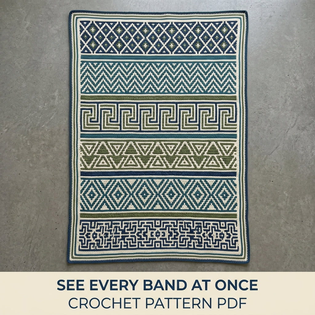 Geometric Stripe Mosaic Crochet Blanket Pattern PDF – Navy, Teal and Green Throw with Diamonds and Zigzags