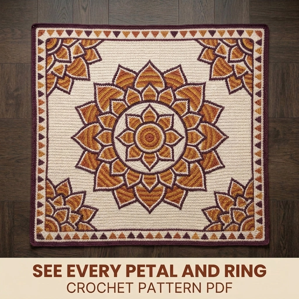 Lotus Mandala Tapestry Crochet Blanket Pattern PDF – Floral Throw in Mustard, Orange and Plum
