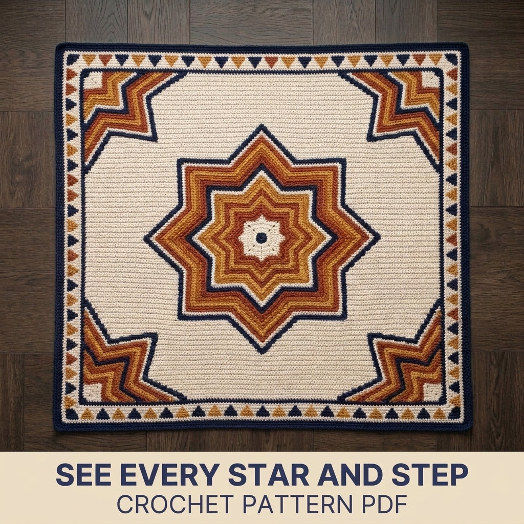 Star Tapestry Crochet Blanket Pattern PDF – Nested Eight-Point Star Throw in Navy, Rust and Mustard