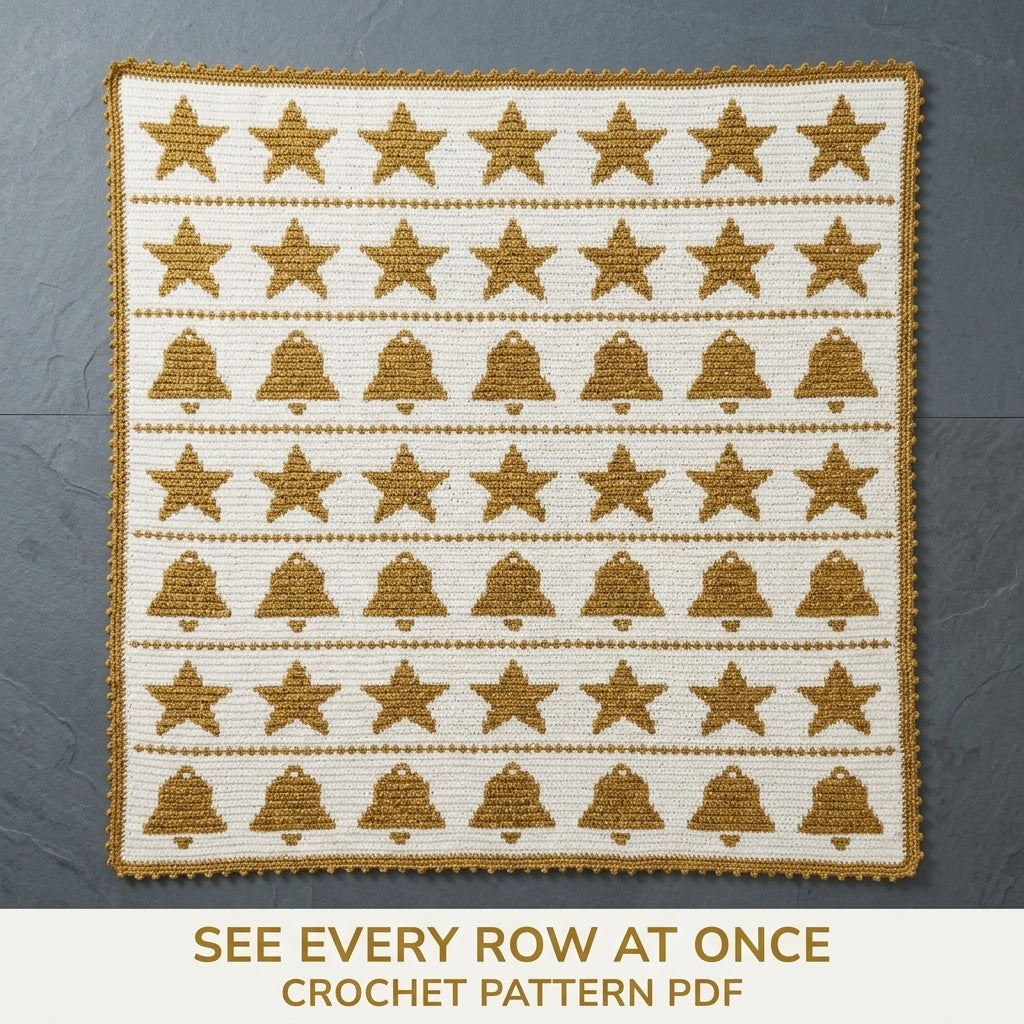 Bells and Stars Crochet Blanket Pattern PDF – Christmas Tapestry Crochet Throw in Gold and White
