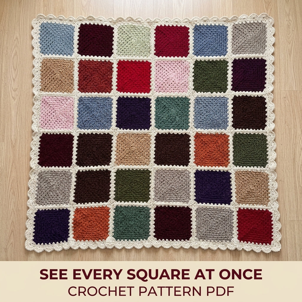 Cream Frame Granny Square Blanket Crochet Pattern PDF – Solid Square Throw with Scalloped Border