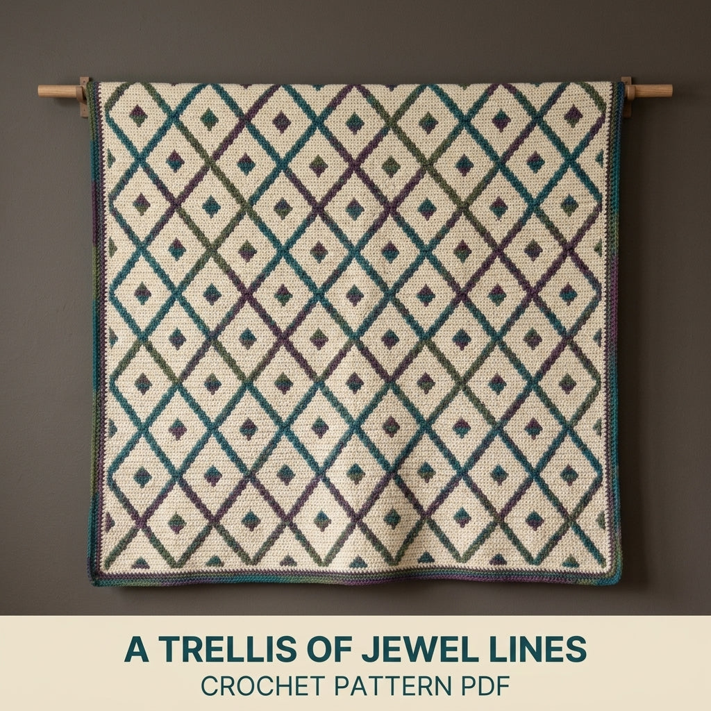Trellis Mosaic Crochet Blanket Pattern PDF – Diamond Lattice Throw in Teal, Plum and Green