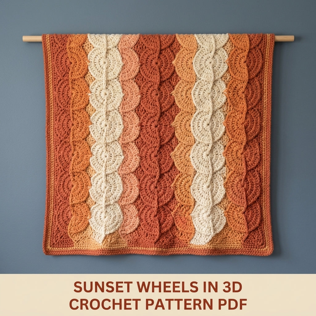 Catherine Wheel Crochet Blanket Pattern PDF – Textured Scalloped Throw in Rust, Orange and Cream