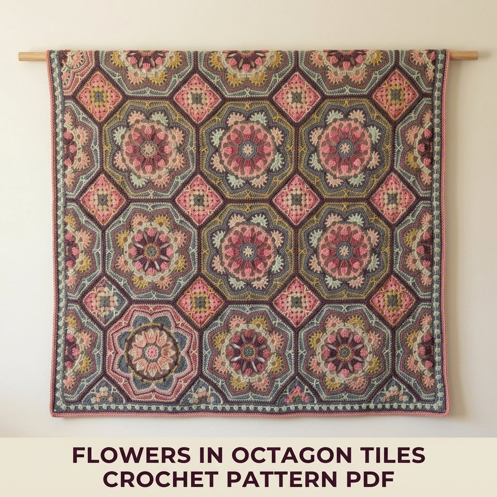 Tiled Flower Medallion Crochet Blanket Pattern PDF – Octagon Motif Throw in Vintage Pinks