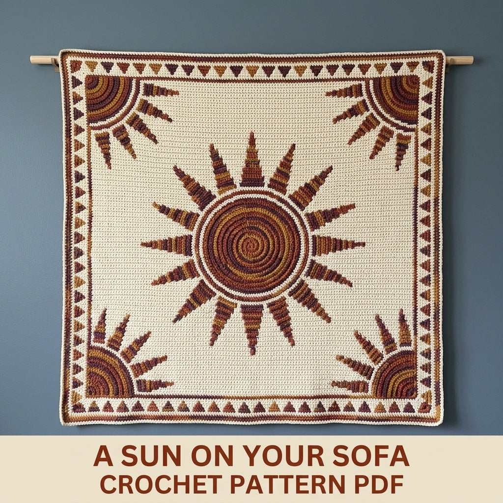 Sunburst Mosaic Crochet Blanket Pattern PDF – Sun Throw in Rust, Mustard and Plum with Triangle Border