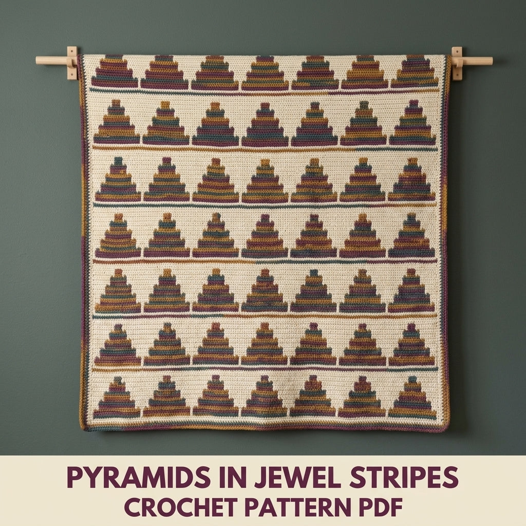 Stepped Pyramid Mosaic Crochet Blanket Pattern PDF – Striped Triangle Throw in Plum, Mustard and Teal