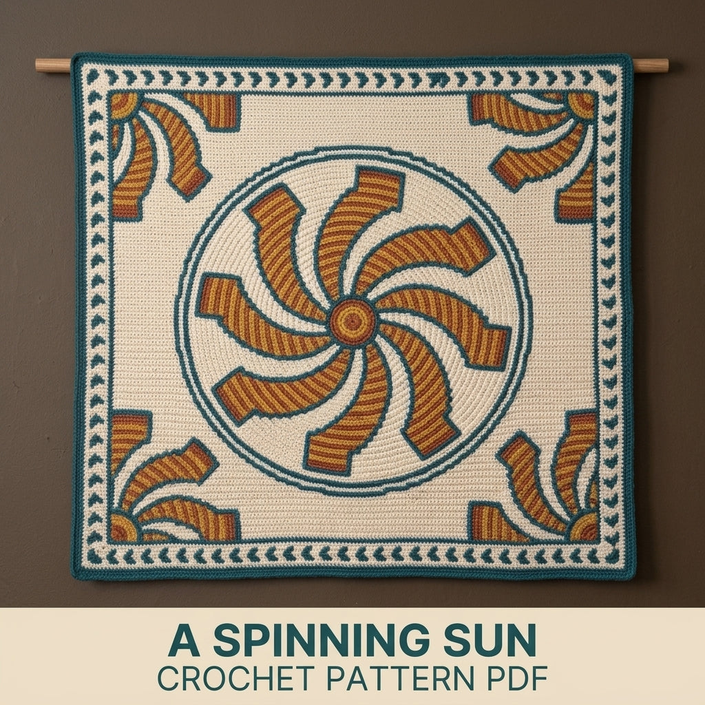 Pinwheel Tapestry Crochet Blanket Pattern PDF – Spinning Sun Throw in Mustard, Rust and Teal