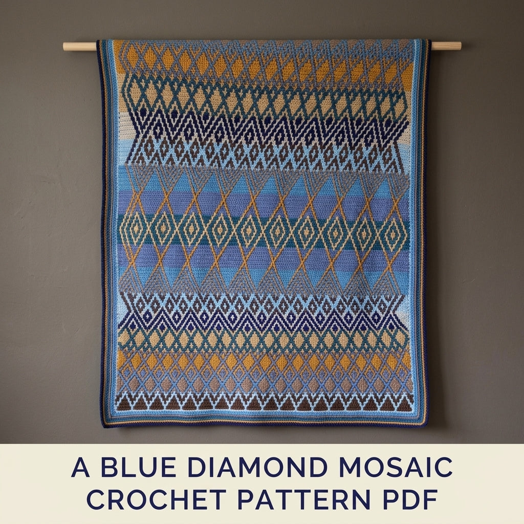 Blue Diamond Mosaic Crochet Blanket Pattern PDF – Geometric Throw in Blue and Mustard