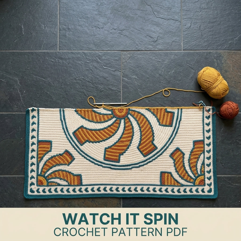 Pinwheel Tapestry Crochet Blanket Pattern PDF – Spinning Sun Throw in Mustard, Rust and Teal