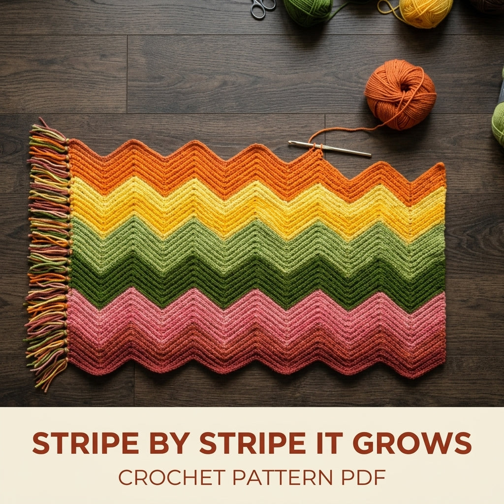 Retro Ripple Crochet Blanket Pattern PDF – Seventies Chevron Stripe Throw with Fringe