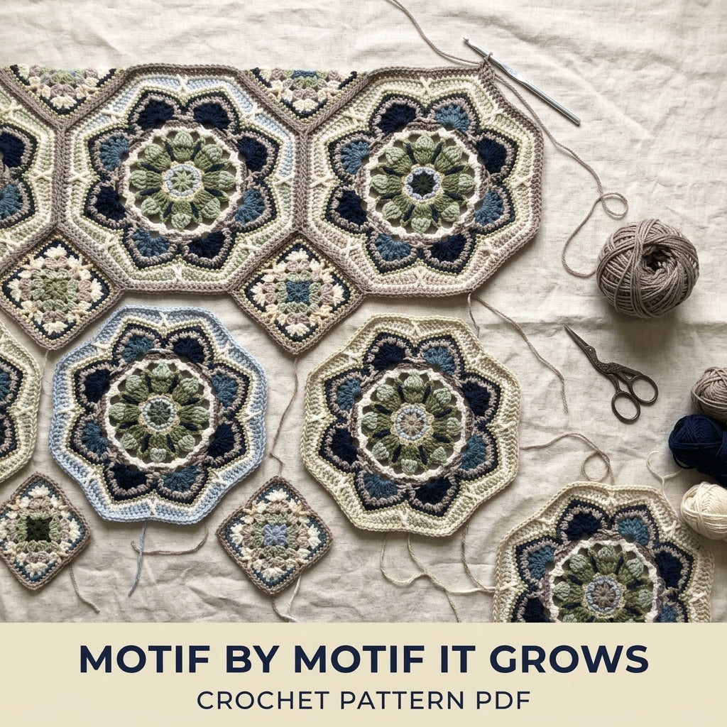 Sage Tile Medallion Crochet Blanket Pattern PDF – Octagon Motif Throw in Green and Navy