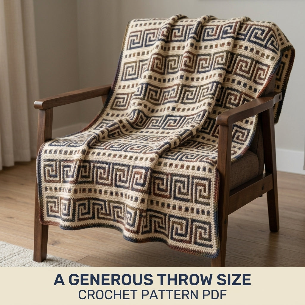 Greek Key Mosaic Crochet Blanket Pattern PDF – Classic Throw in Navy, Rust and Olive